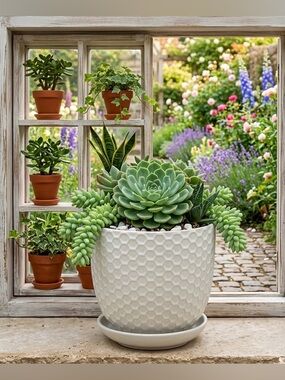 White Honeycomb Ceramic Planter with Attached Saucer - 5 Inch Modern Barrel Pot